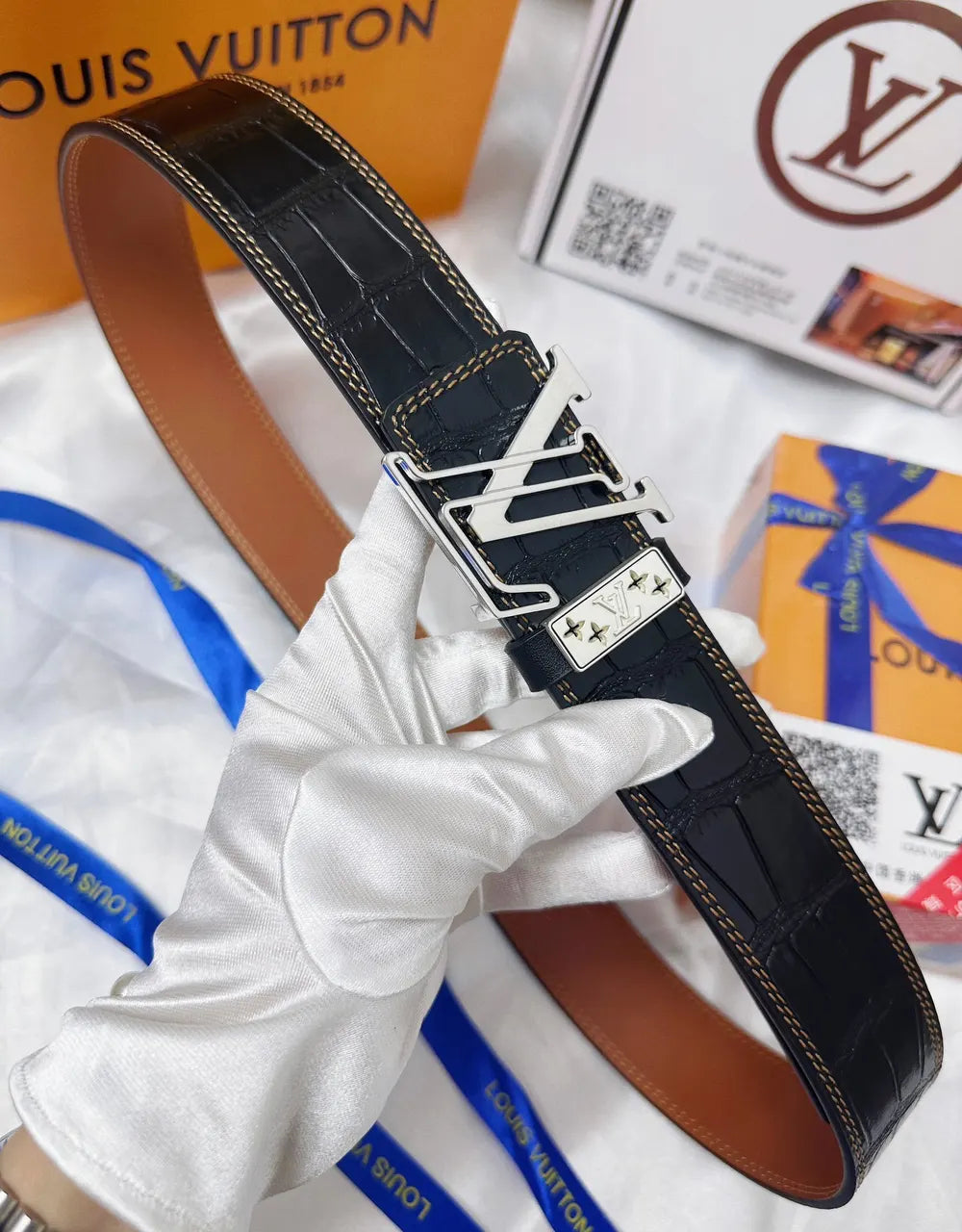 black Louis Vuitton Alligator Belt - Hình 7
