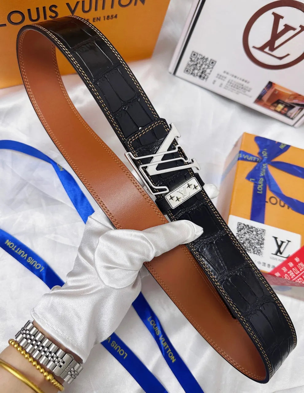 black Louis Vuitton Alligator Belt - Hình 8