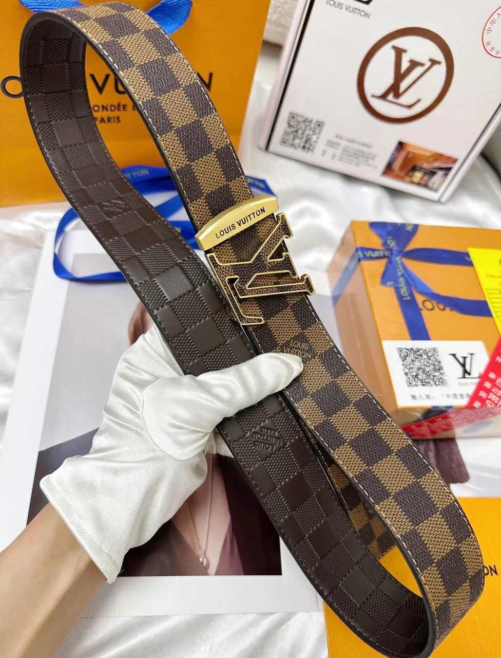 silver Louis Vuitton Damier Checkered Belt - Hình 6