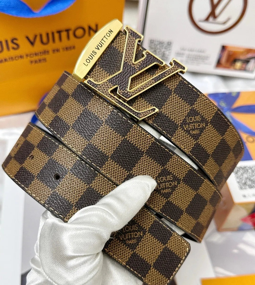 gold Louis Vuitton Damier Checkered Belt - Hình 2