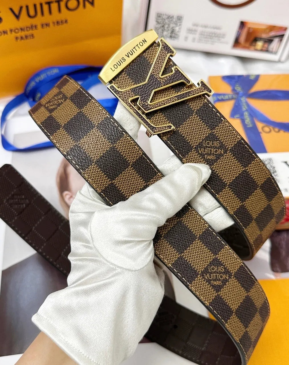 gold Louis Vuitton Damier Checkered Belt - Hình 3
