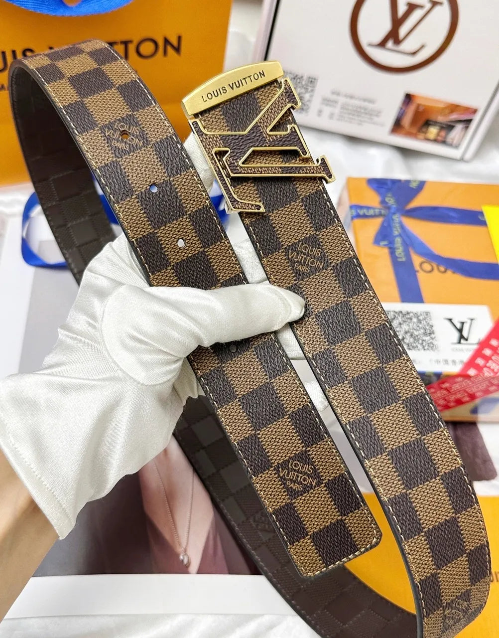 gold Louis Vuitton Damier Checkered Belt - Hình 4