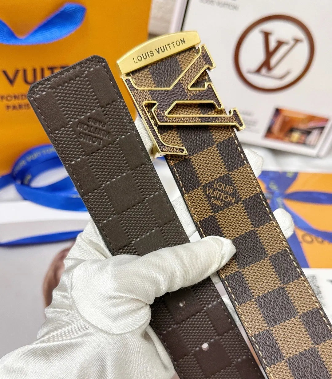 gold Louis Vuitton Damier Checkered Belt - Hình 7