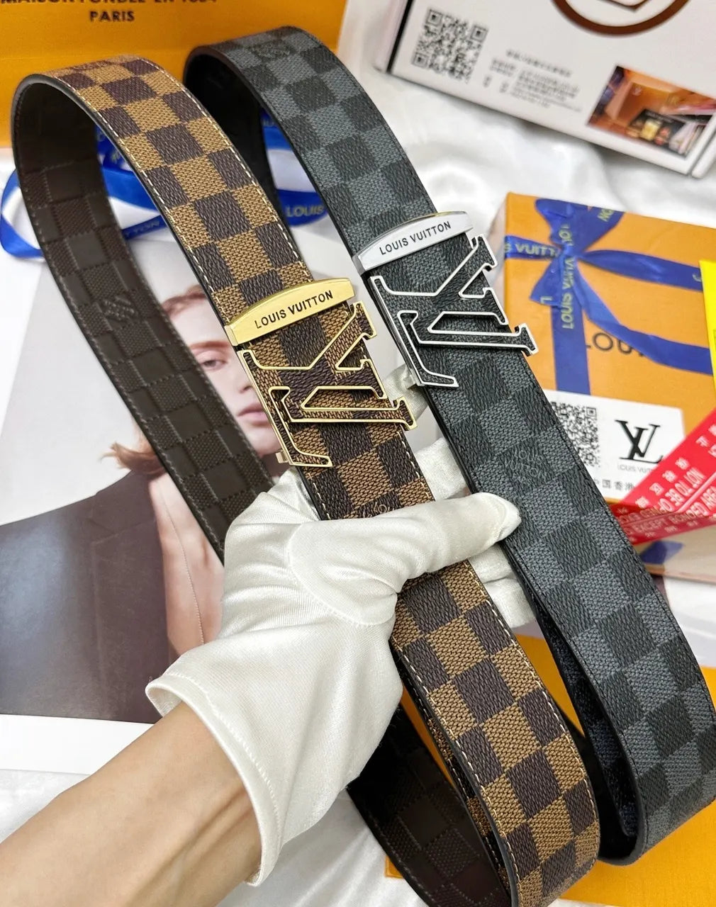 gold Louis Vuitton Damier Checkered Belt - Hình 8