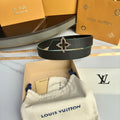 gold LV Black Textured Leather Belt