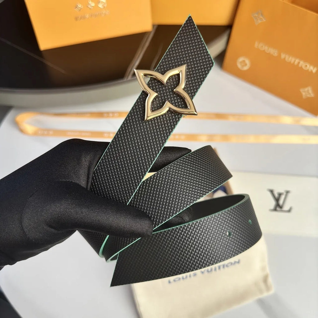 gold LV Black Textured Leather Belt - Hình 2