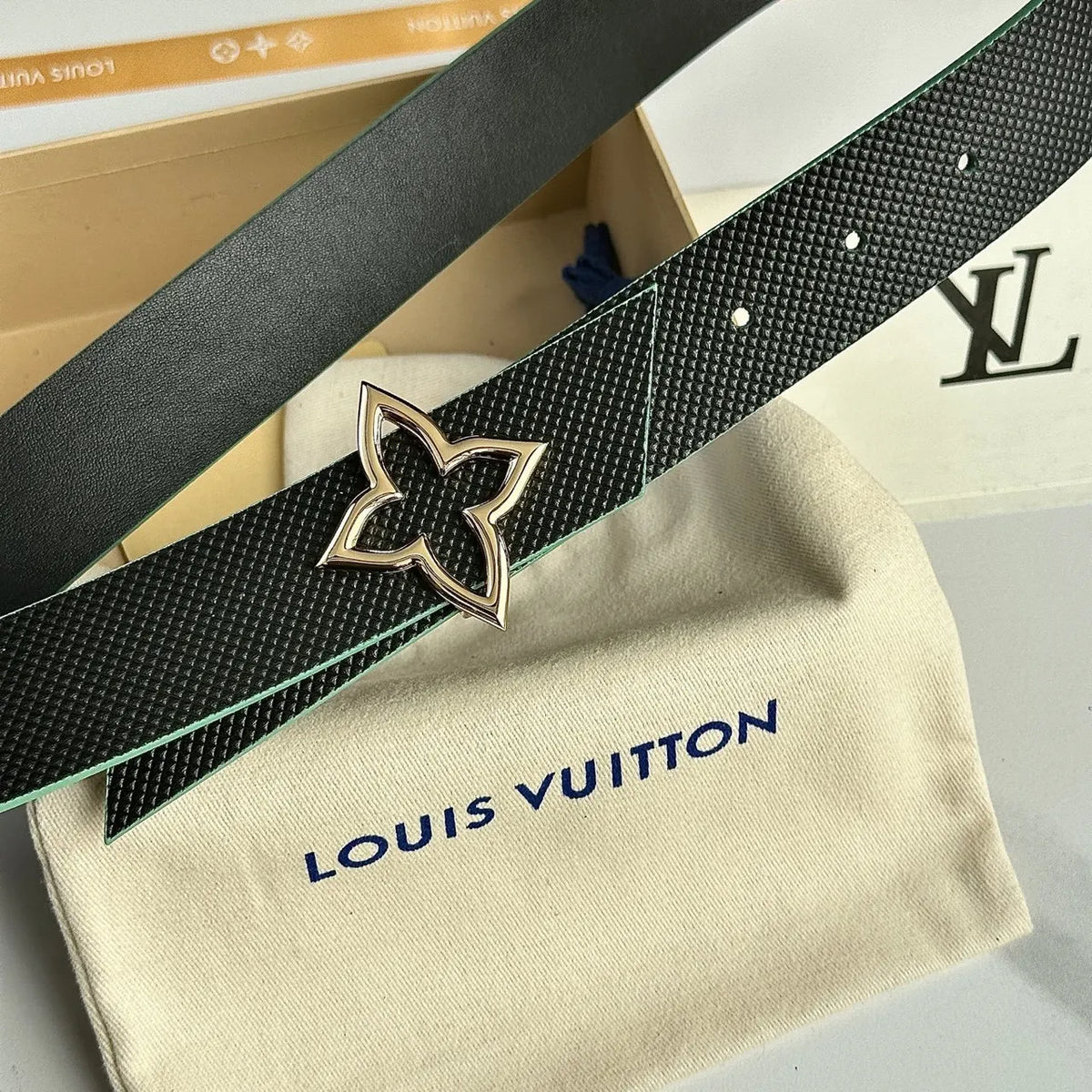 gold LV Black Textured Leather Belt - Hình 3