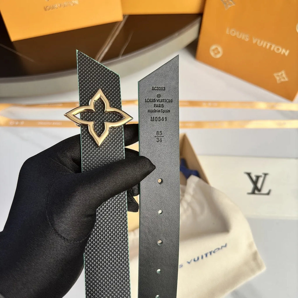 gold LV Black Textured Leather Belt - Hình 4