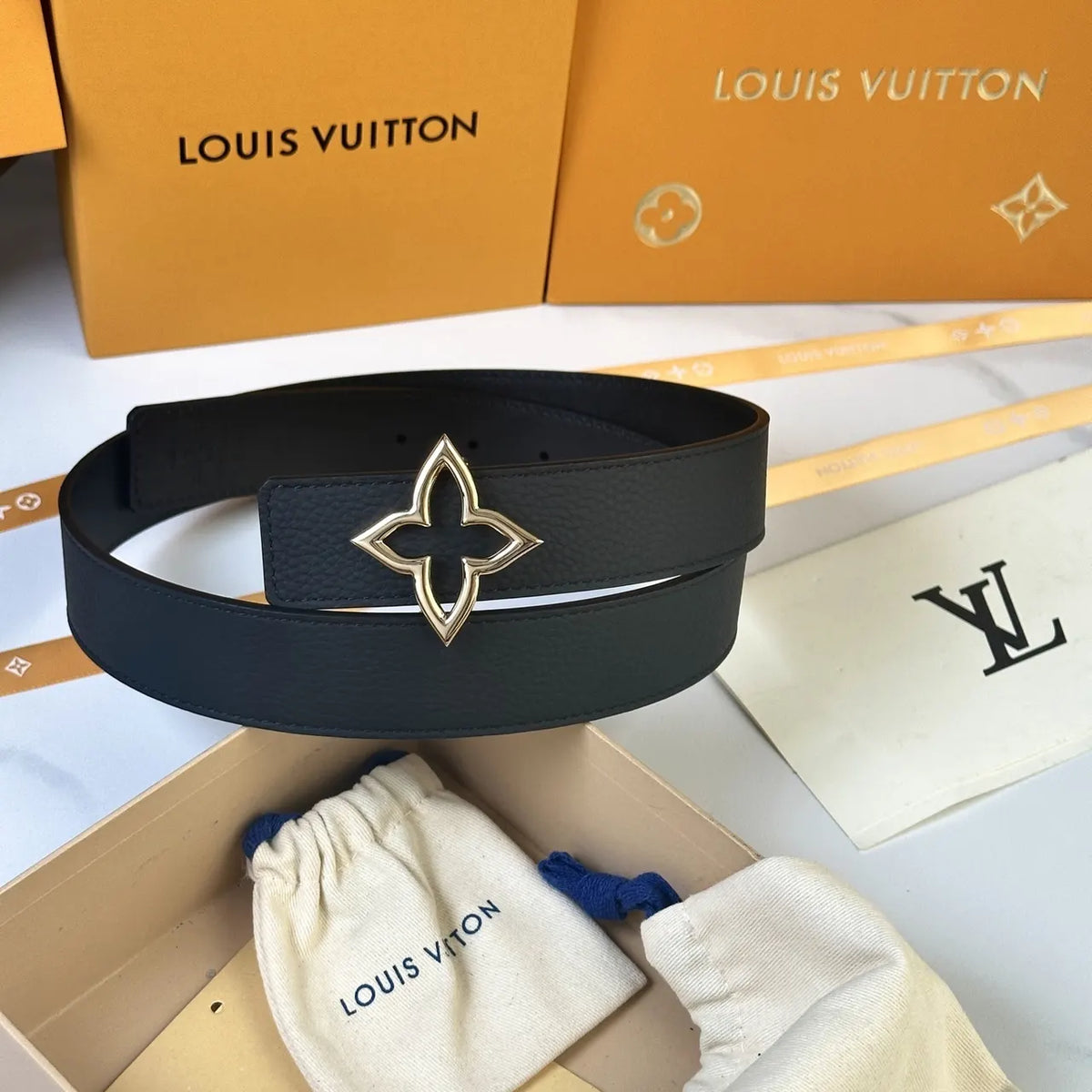 LV Black Leather Flower Belt