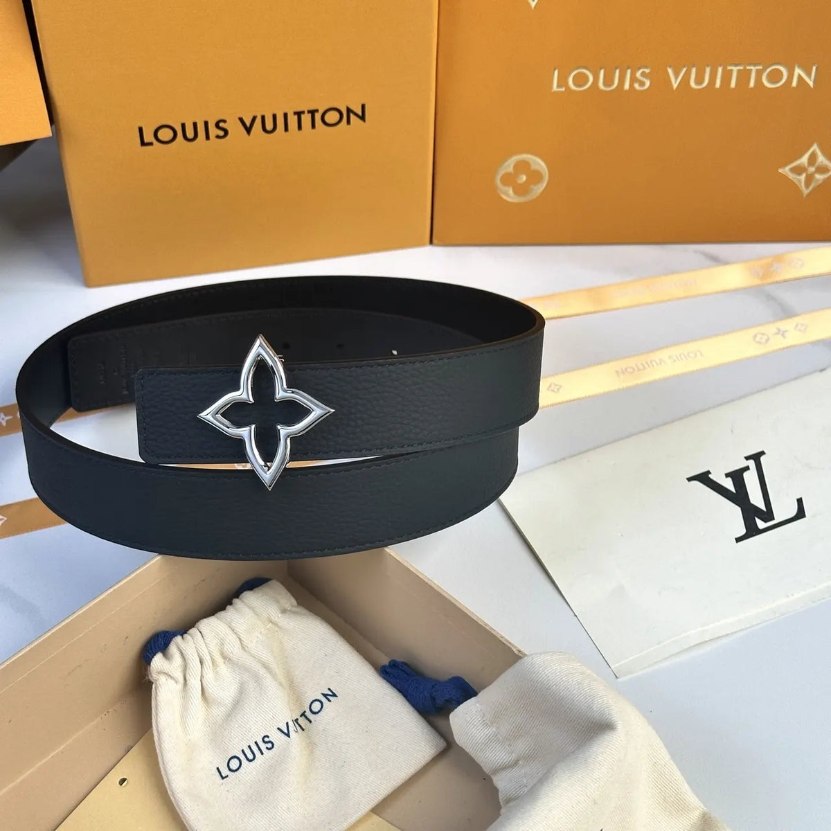 LV Black Leather Flower Belt