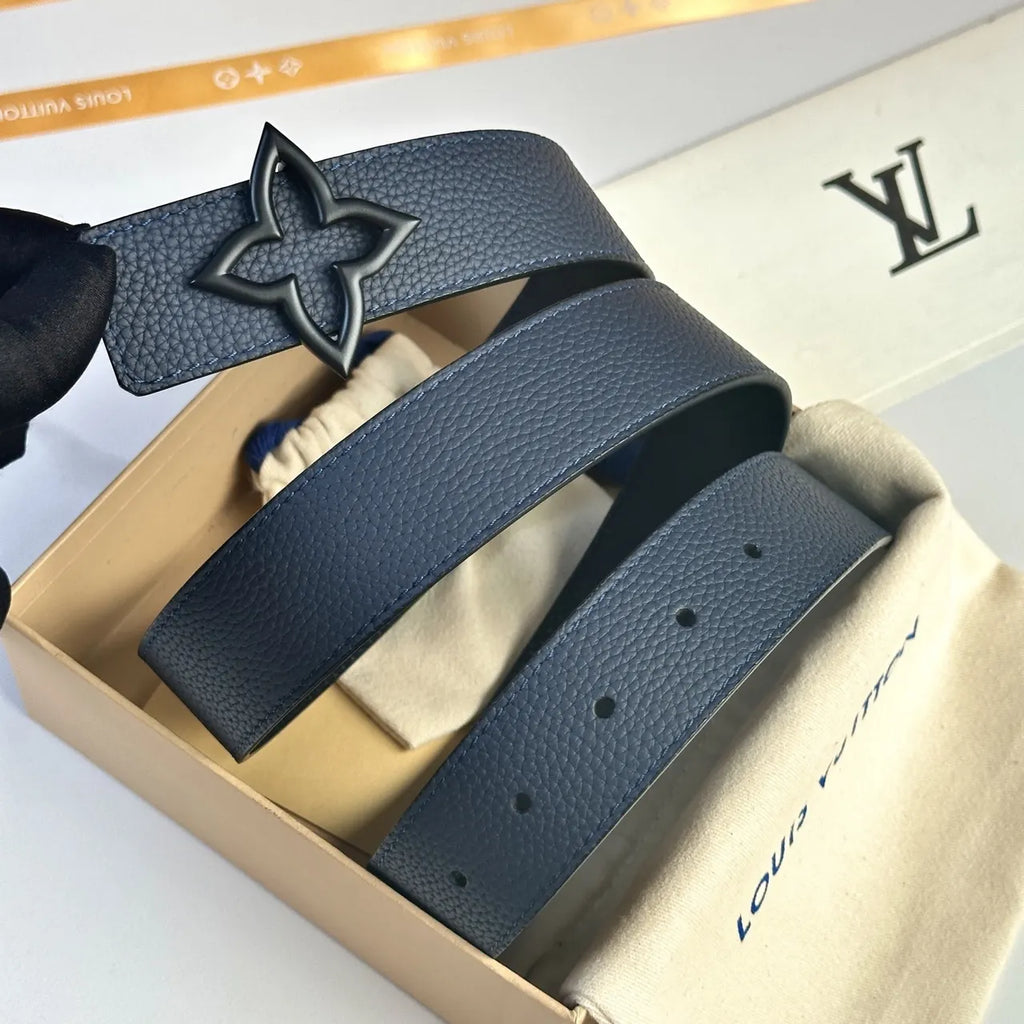 Navy Leather Flower Buckle Belt - Hình 2
