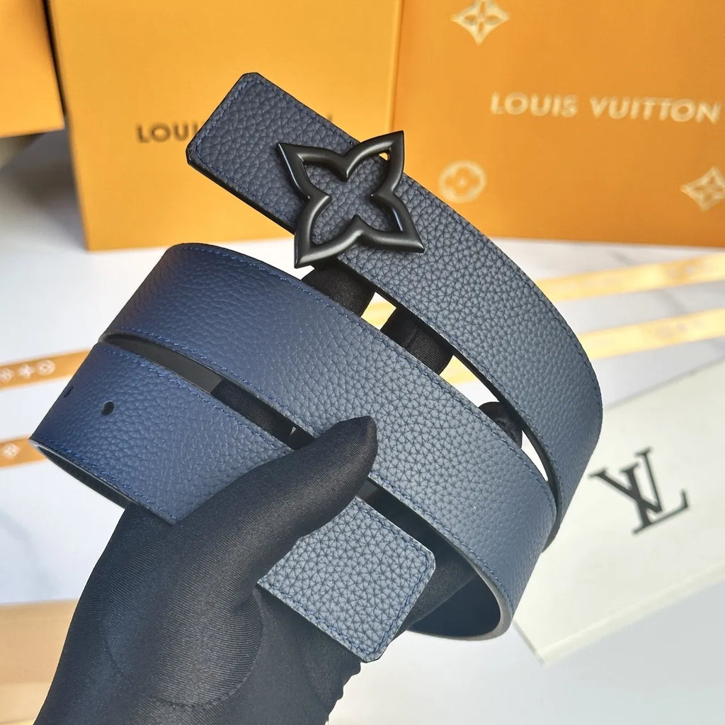 Navy Leather Flower Buckle Belt - Hình 3