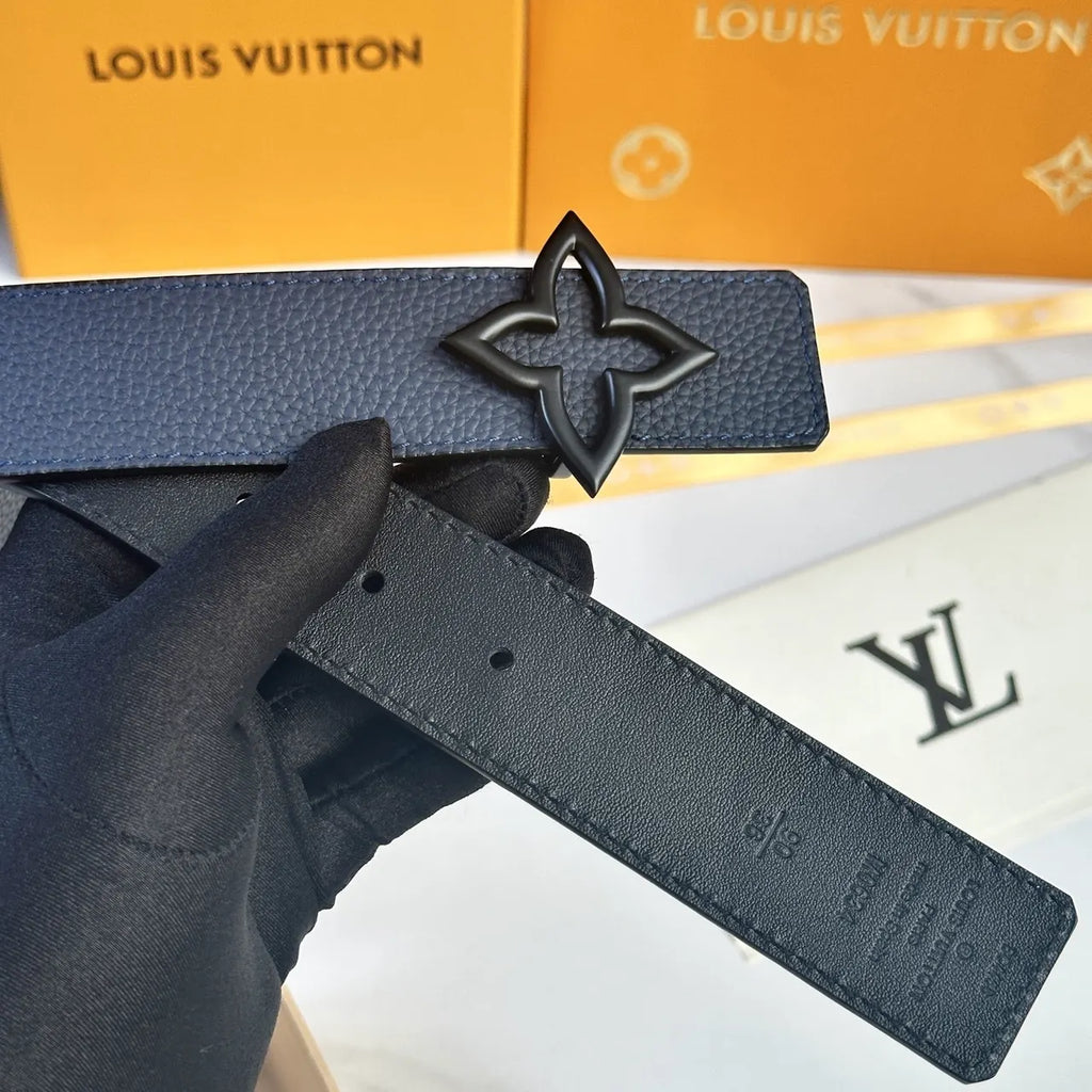 Navy Leather Flower Buckle Belt - Hình 5
