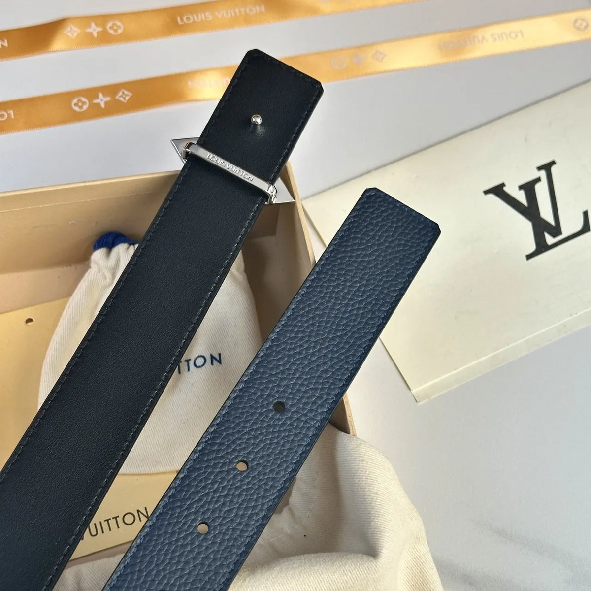 flower Louis Vuitton Blue Leather Belt - Hình 7