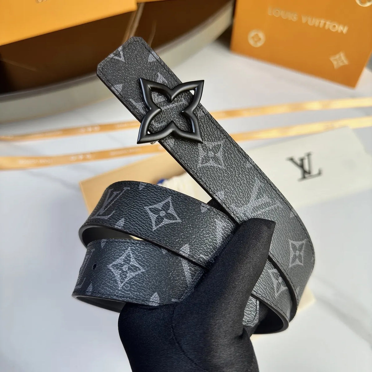 black Louis Vuitton Flower Belt
