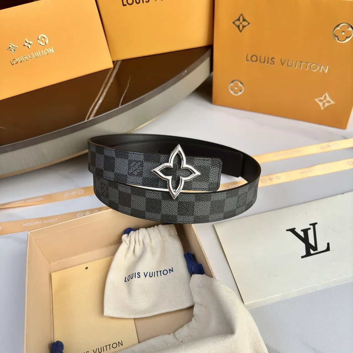 silver flower Louis Vuitton Damier Infini Belt