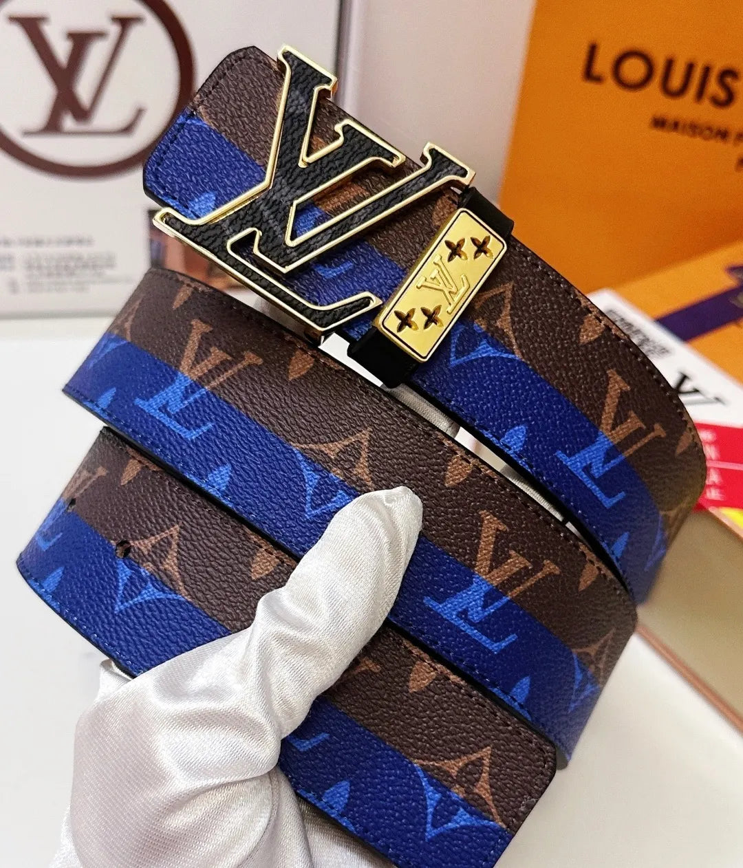 gold Louis Vuitton Blue Monogram Belt - Hình 2