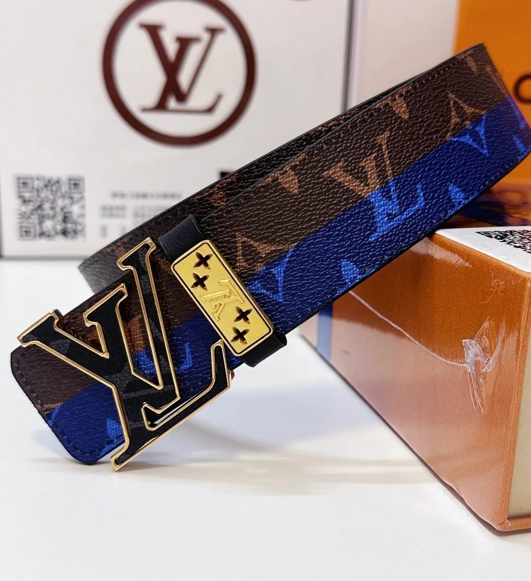 gold Louis Vuitton Blue Monogram Belt - Hình 4