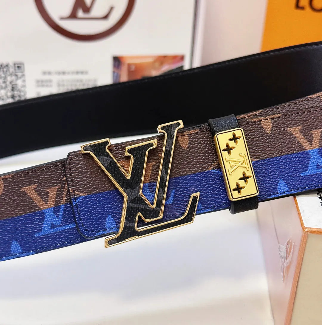gold Louis Vuitton Blue Monogram Belt - Hình 5