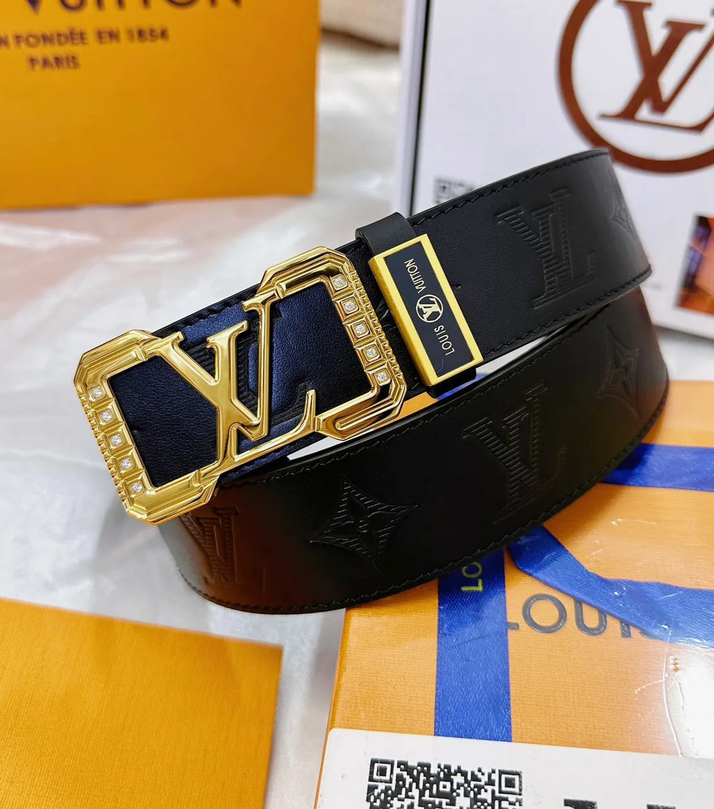 black gold Louis Vuitton Embossed Leather Belt