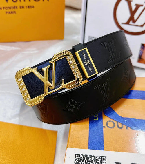 black gold Louis Vuitton Embossed Leather Belt