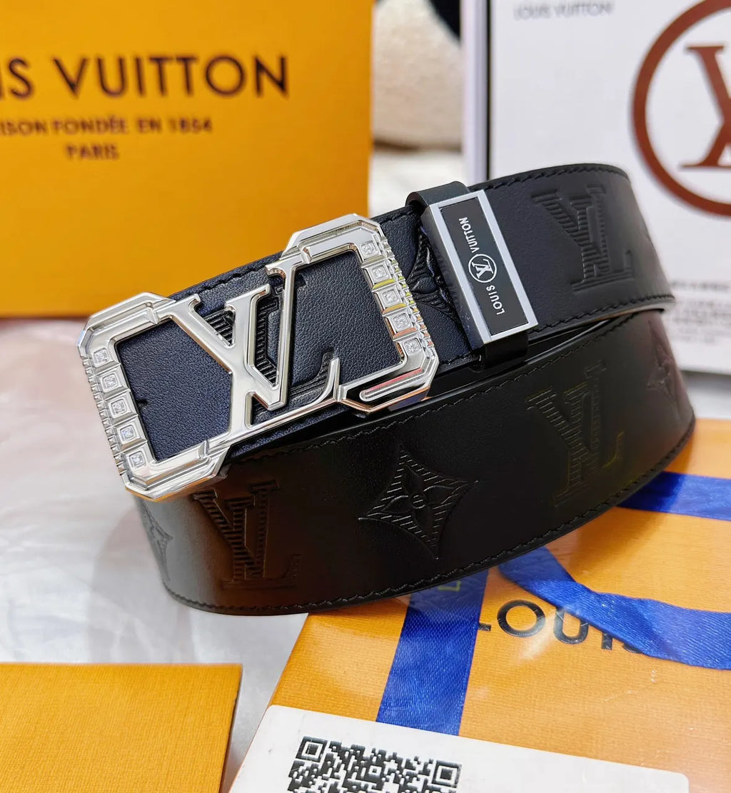 LV Black Leather Belt Silver Buckle