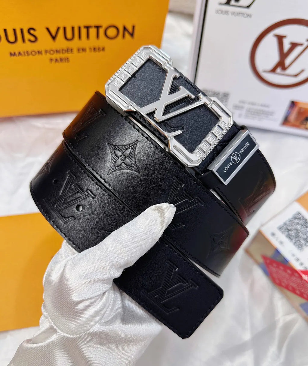 LV Black Leather Belt Silver Buckle - Hình 2