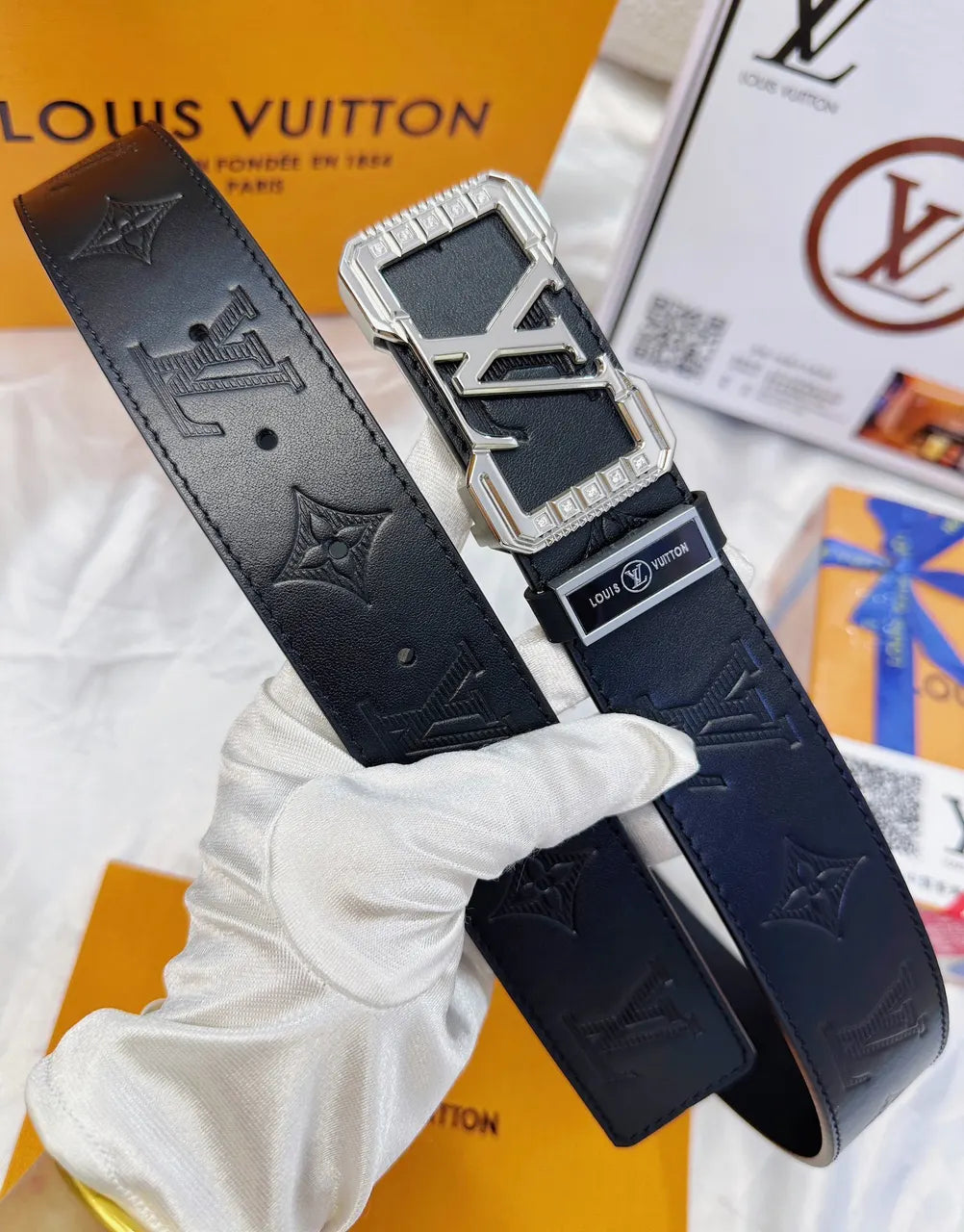 LV Black Leather Belt Silver Buckle - Hình 6