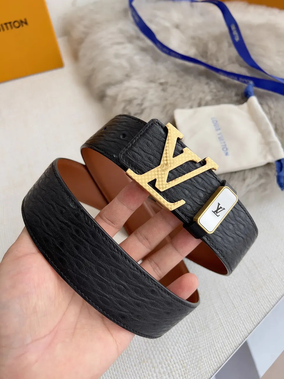silver LV Black Embossed Leather Belt