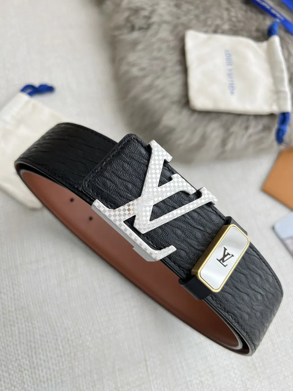 silver LV Black Embossed Leather Belt - Hình 2