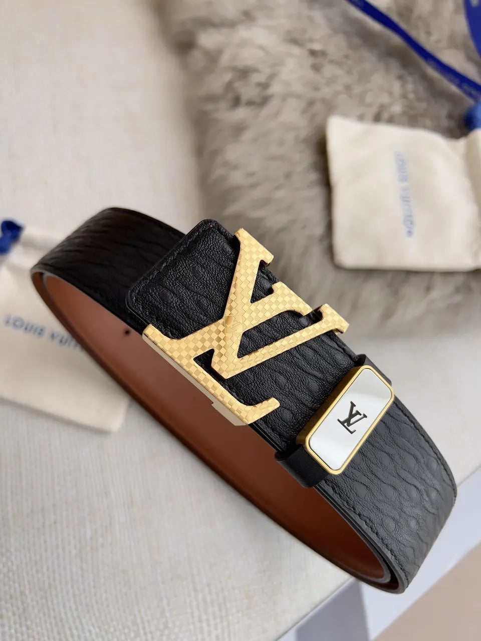 silver LV Black Embossed Leather Belt - Hình 3