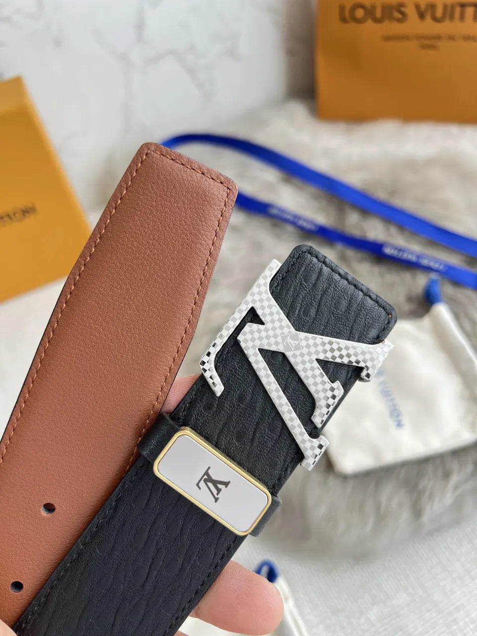 silver LV Black Embossed Leather Belt - Hình 6