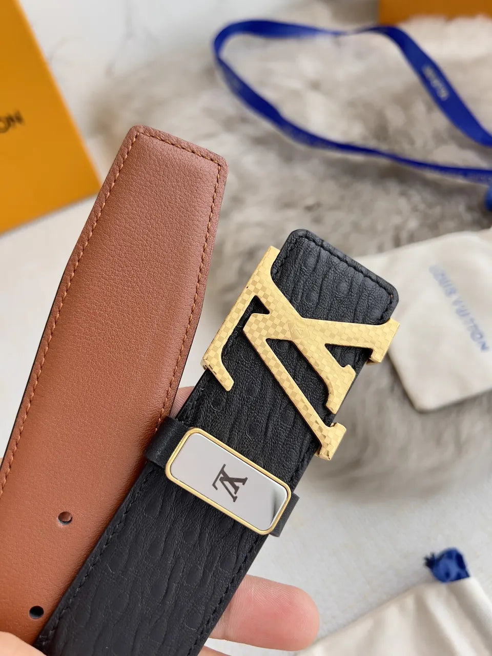 silver LV Black Embossed Leather Belt - Hình 7