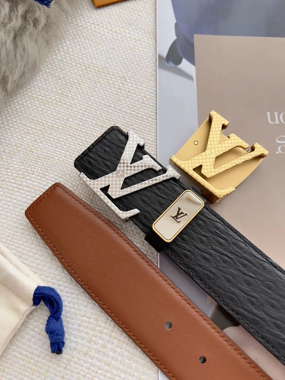 silver LV Black Embossed Leather Belt - Hình 8