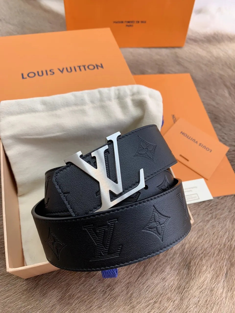 silver Louis Vuitton Black Monogram Leather Belt