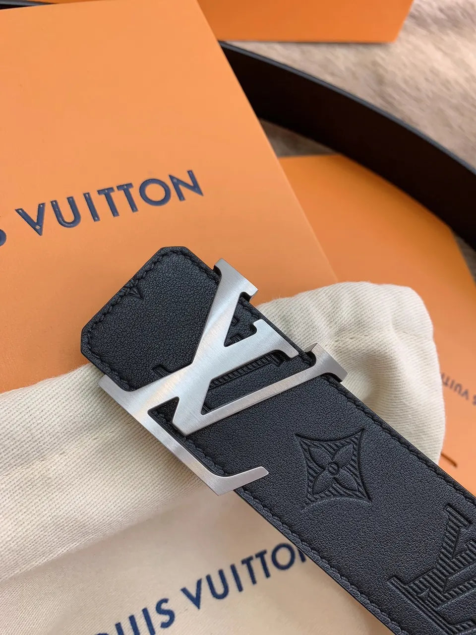 silver Louis Vuitton Black Monogram Leather Belt - Hình 2