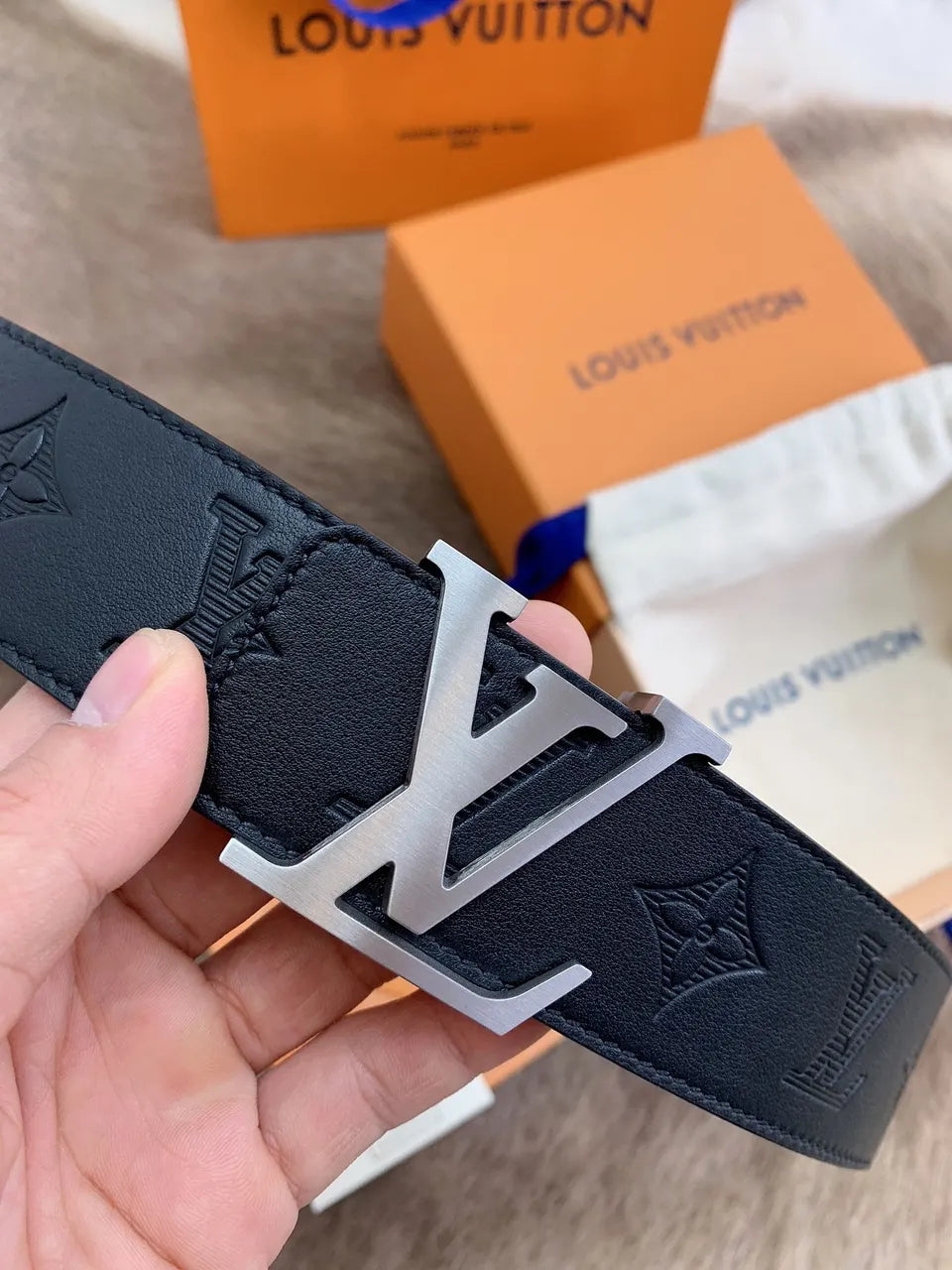 silver Louis Vuitton Black Monogram Leather Belt - Hình 4