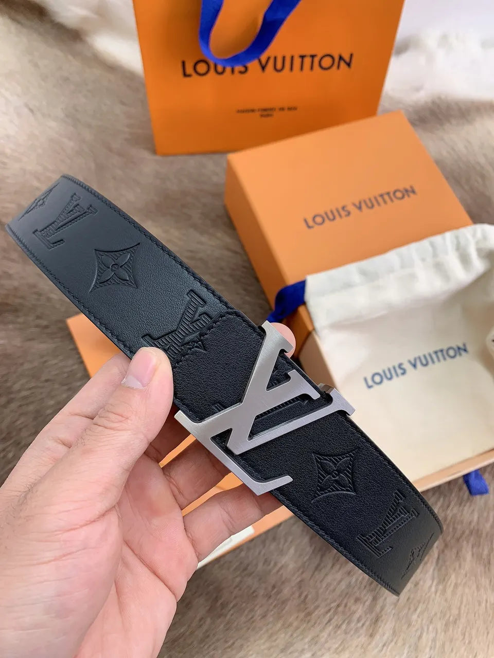 silver Louis Vuitton Black Monogram Leather Belt - Hình 6