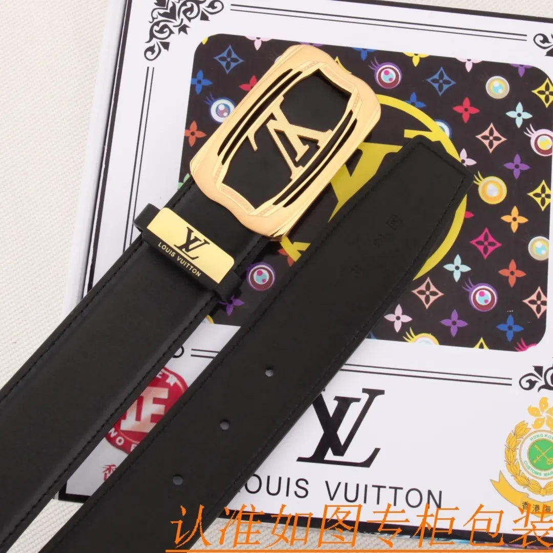 LV Black Leather Belt Silver Gold