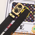 rectangular LV Black Leather Belt Gold Buckle