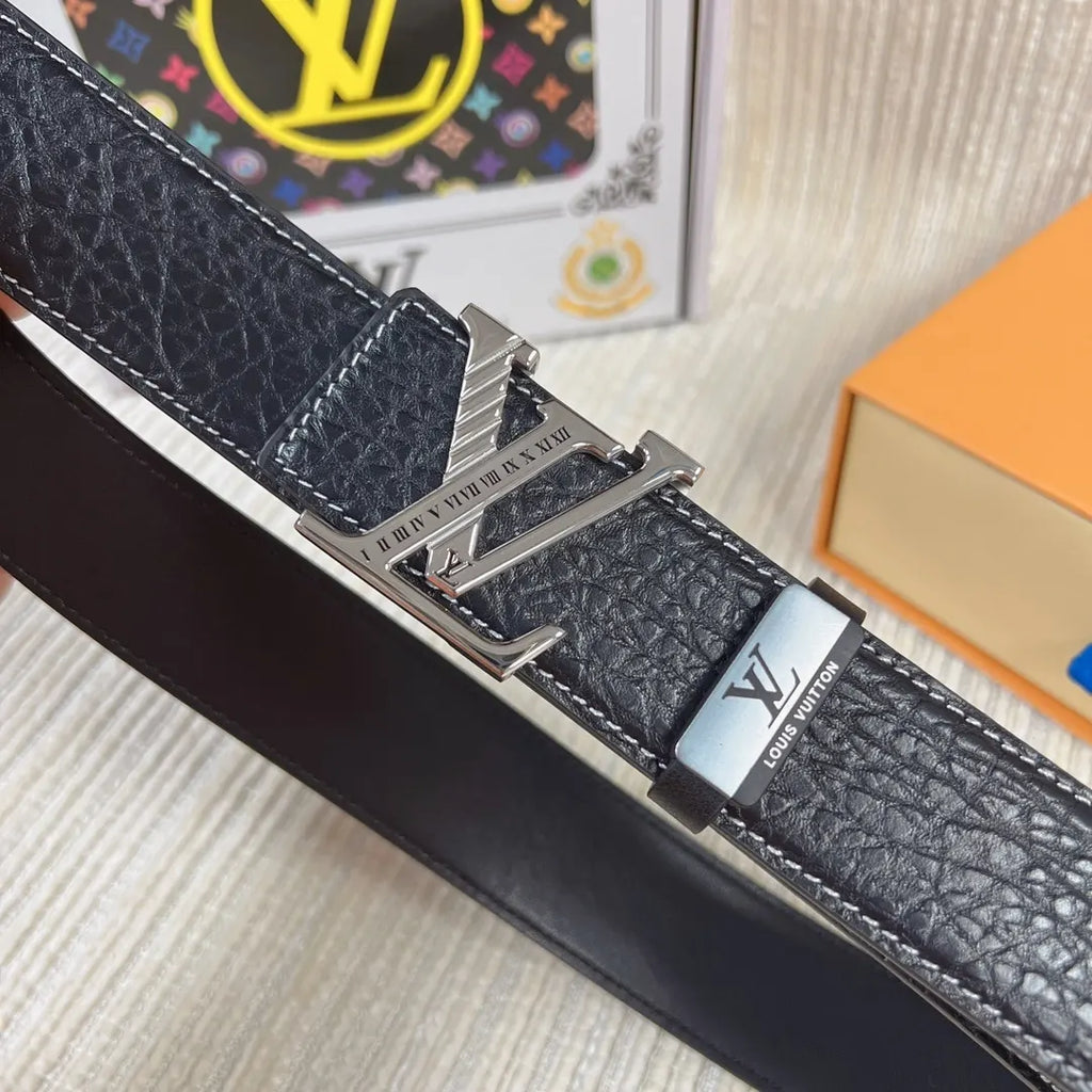 silver Louis Vuitton Black Leather V Buckle Belt