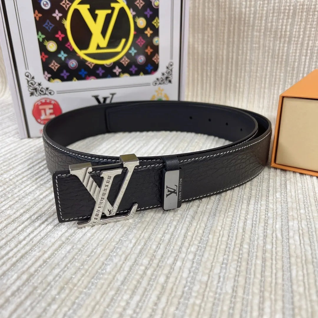 silver Louis Vuitton Black Leather V Buckle Belt - Hình 2