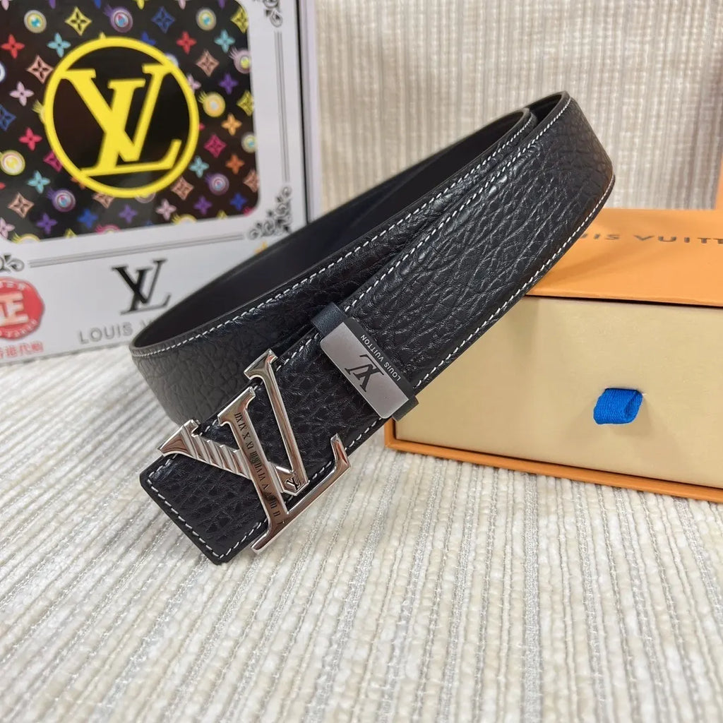 silver Louis Vuitton Black Leather V Buckle Belt - Hình 3