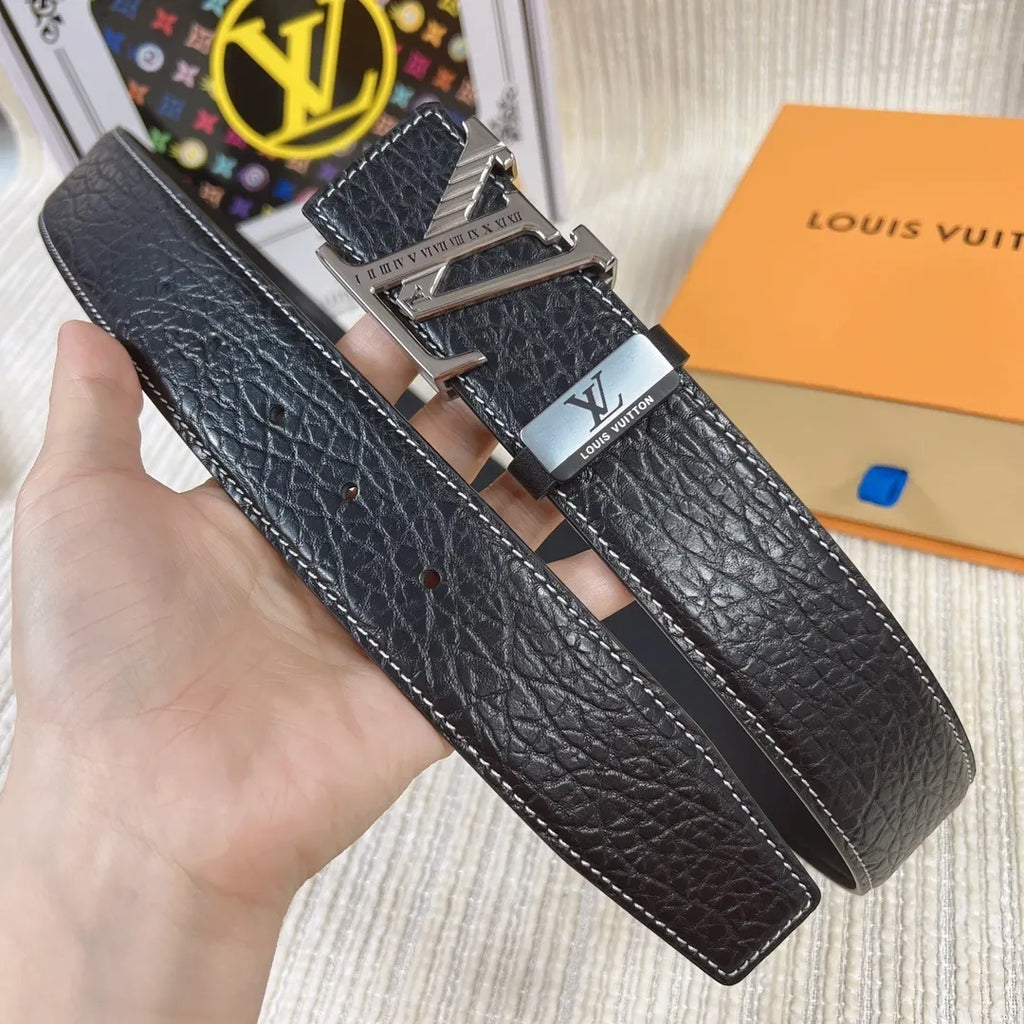 silver Louis Vuitton Black Leather V Buckle Belt - Hình 4