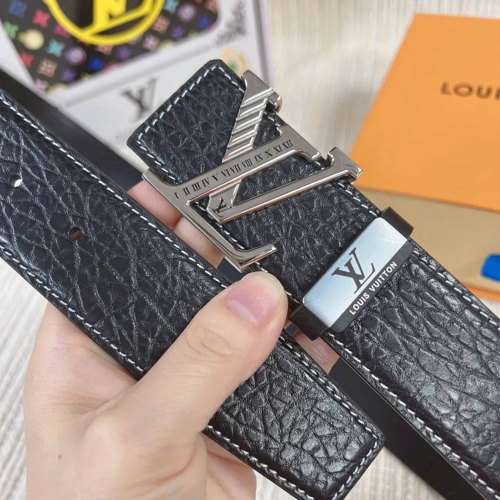 silver Louis Vuitton Black Leather V Buckle Belt - Hình 5