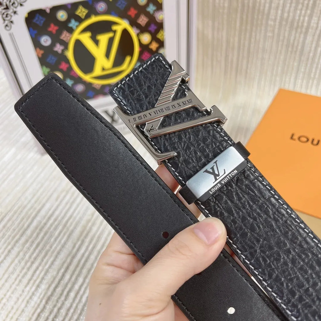 silver Louis Vuitton Black Leather V Buckle Belt - Hình 6