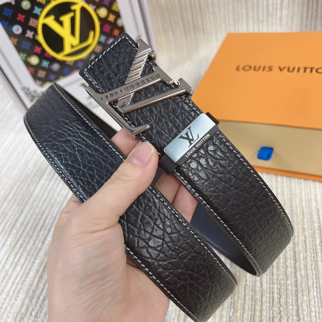 silver Louis Vuitton Black Leather V Buckle Belt - Hình 7