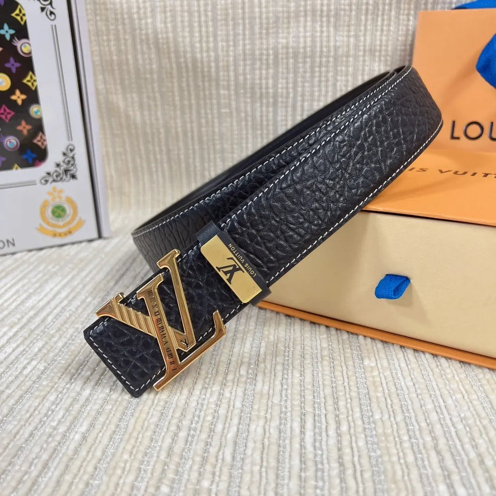 LV Black Textured Leather Belt - Hình 3