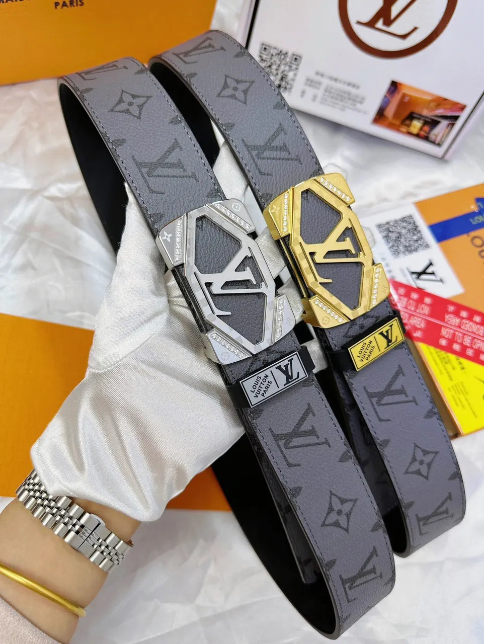LV Gray Monogram Belt Gold