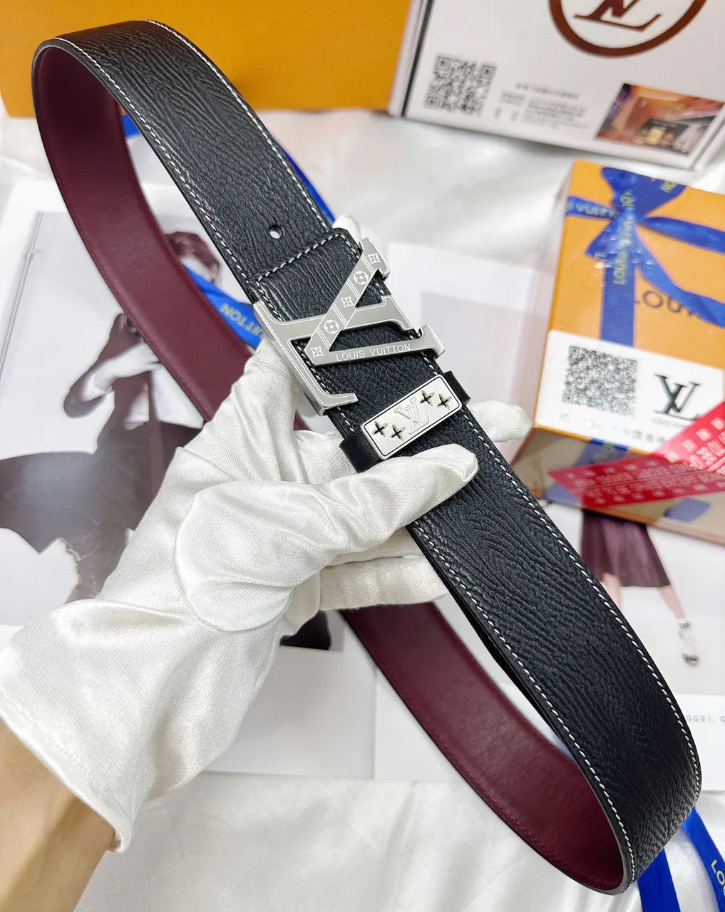 leather Louis Vuitton Reversible Belt - Hình 6